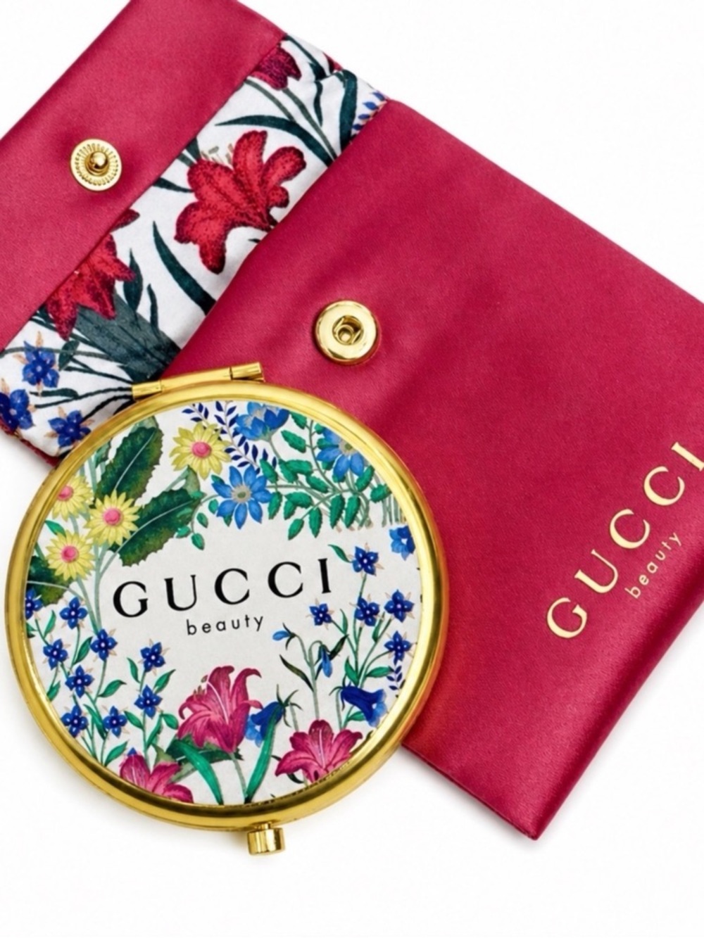 Gucci Floral Gold Compact Mirror with Pink Pouch